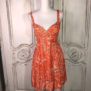Lauren Conrad Orange and Cream Graphic Strap Front Tie Empire Cut Dress Size 2